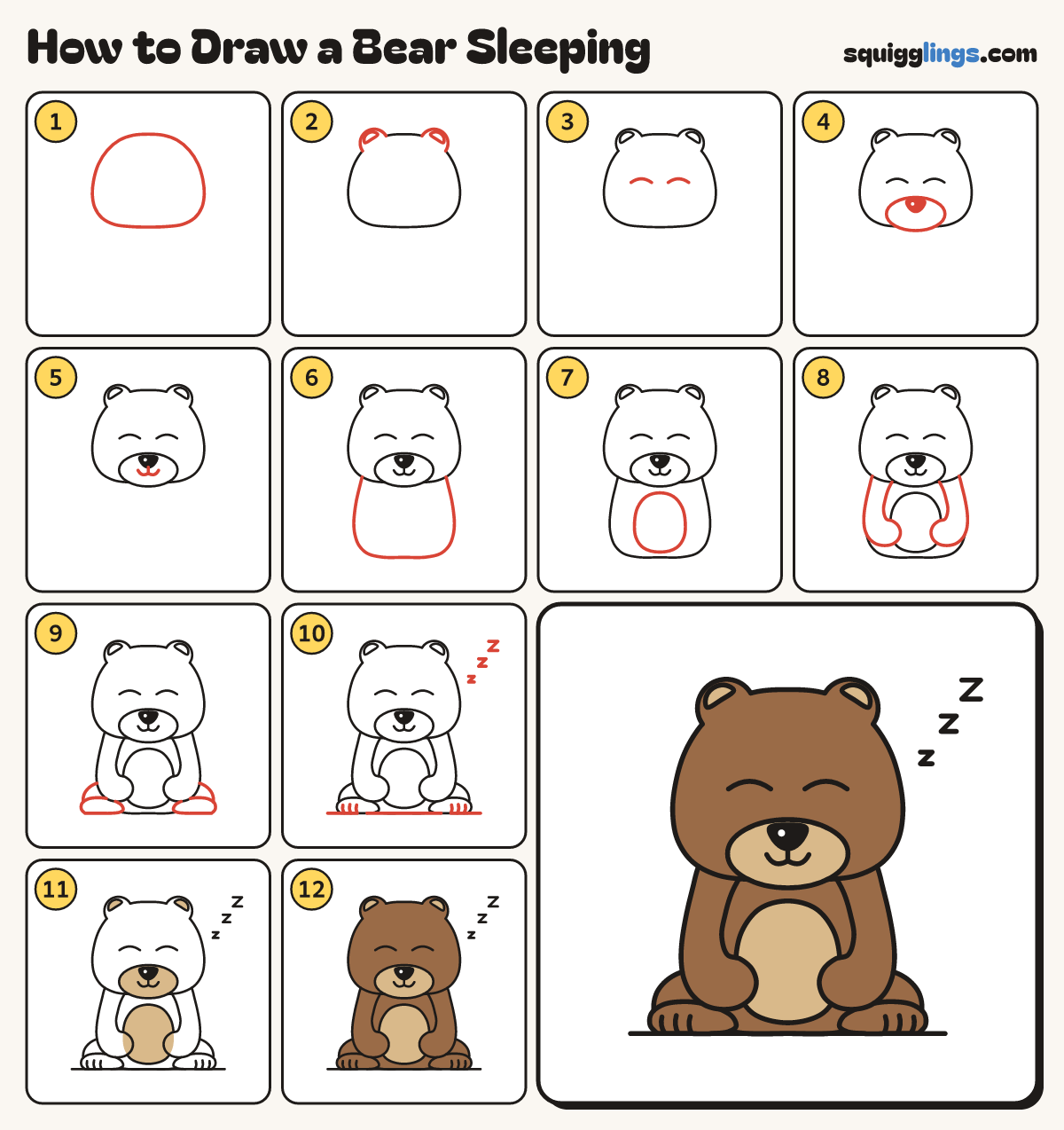 How to Draw a Bear Sleeping step by step: all 12 steps in one picture