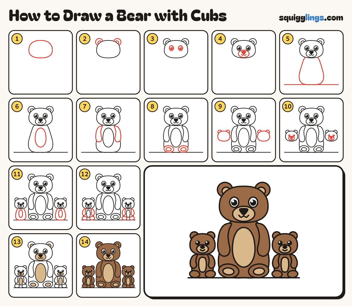 How to Draw a Bear with Cubs step by step: all 14 steps in one picture