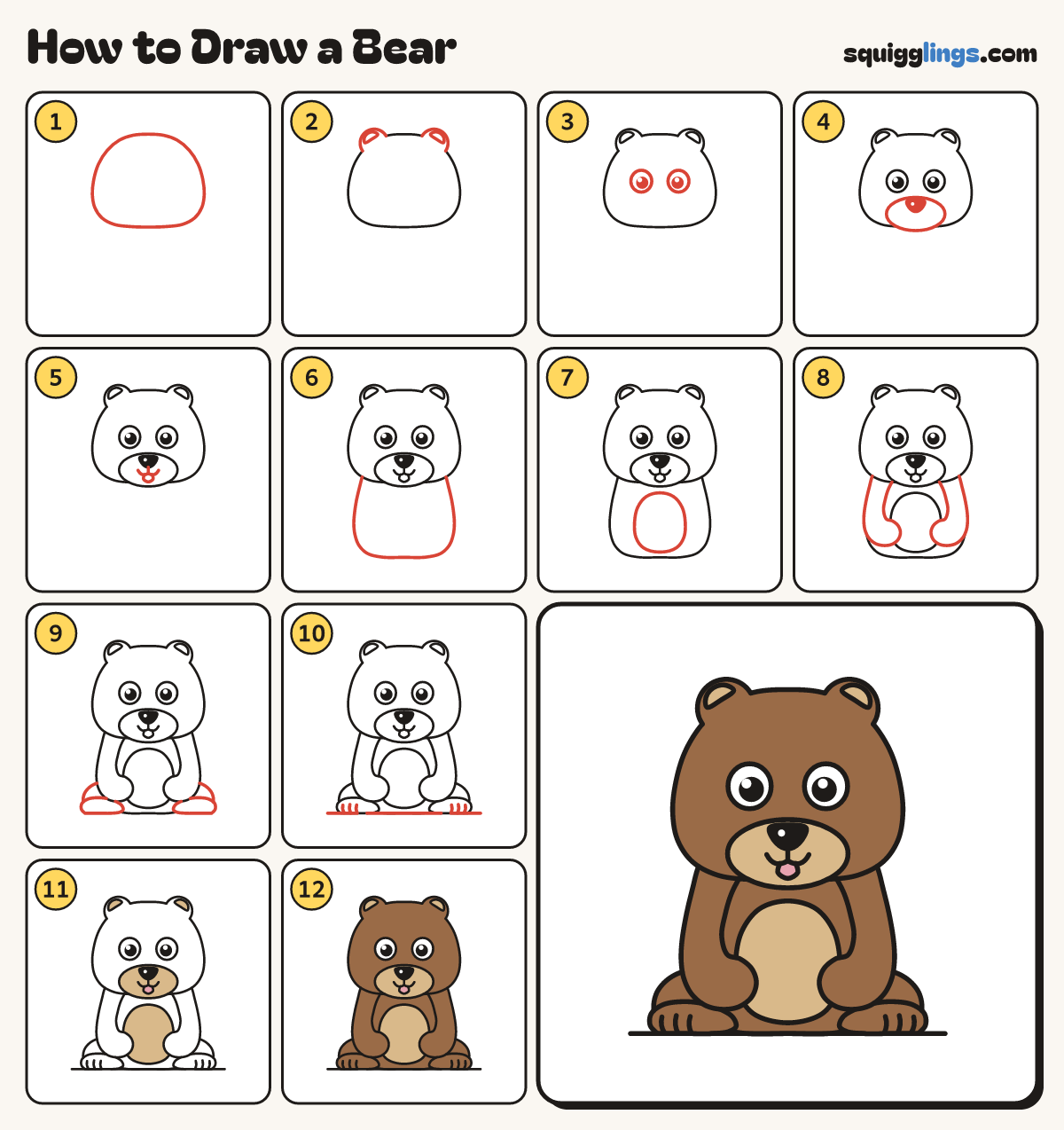 How to Draw a Bear step by step: all 12 steps in one picture