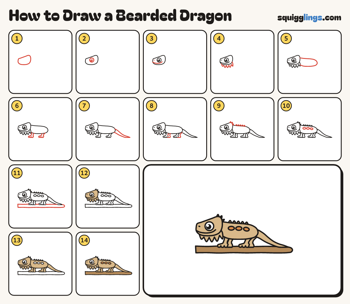 How to Draw a Bearded Dragon step by step: all 14 steps in one picture