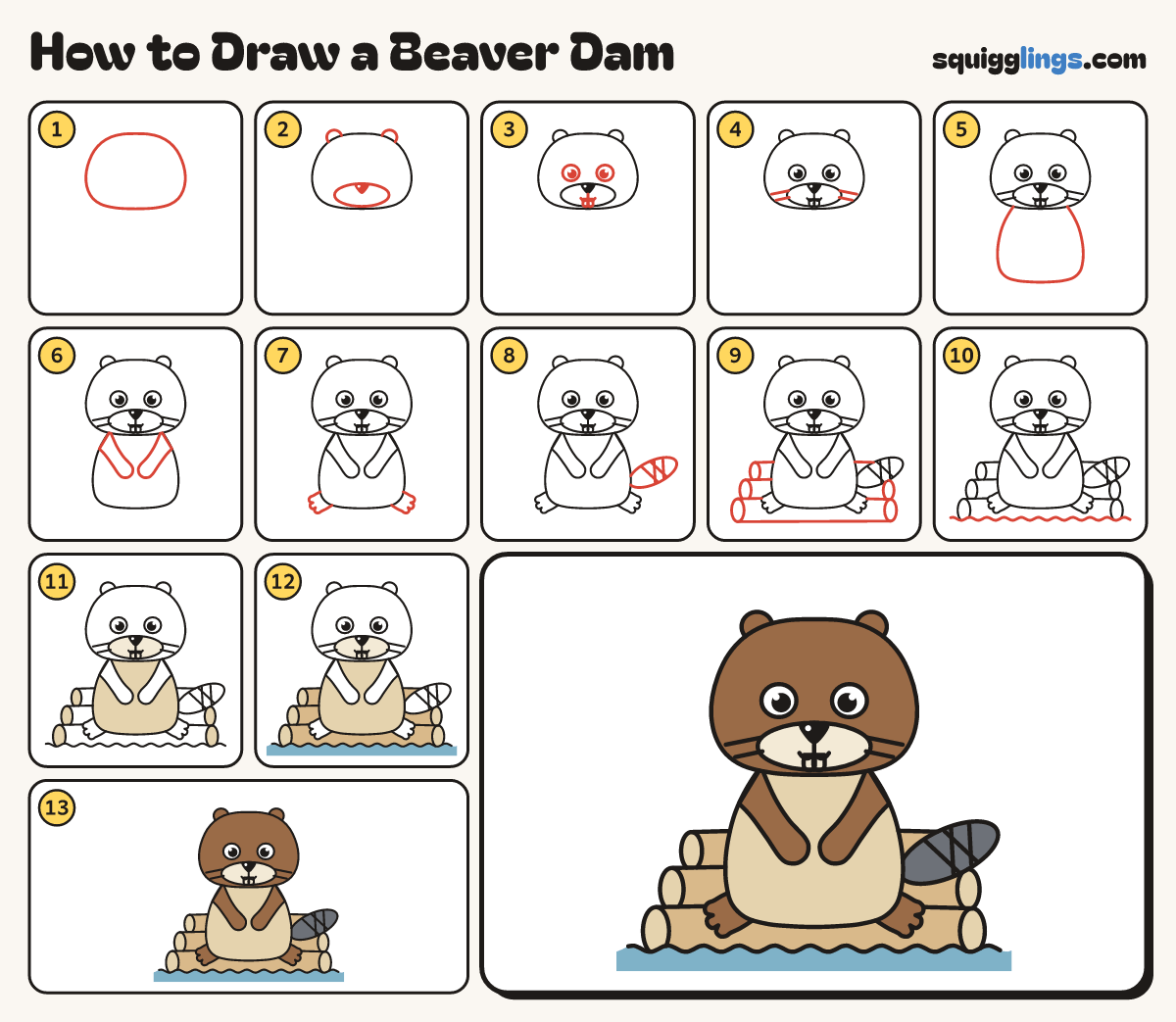 How to Draw a Beaver Dam step by step: all 13 steps in one picture