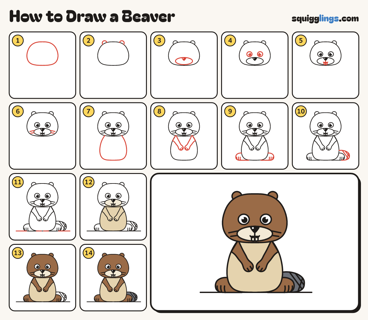 How to Draw a Beaver step by step: all 14 steps in one picture