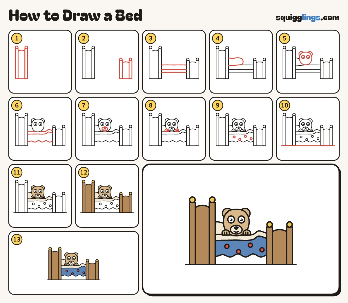 How to Draw a Bed step by step: all 13 steps in one picture