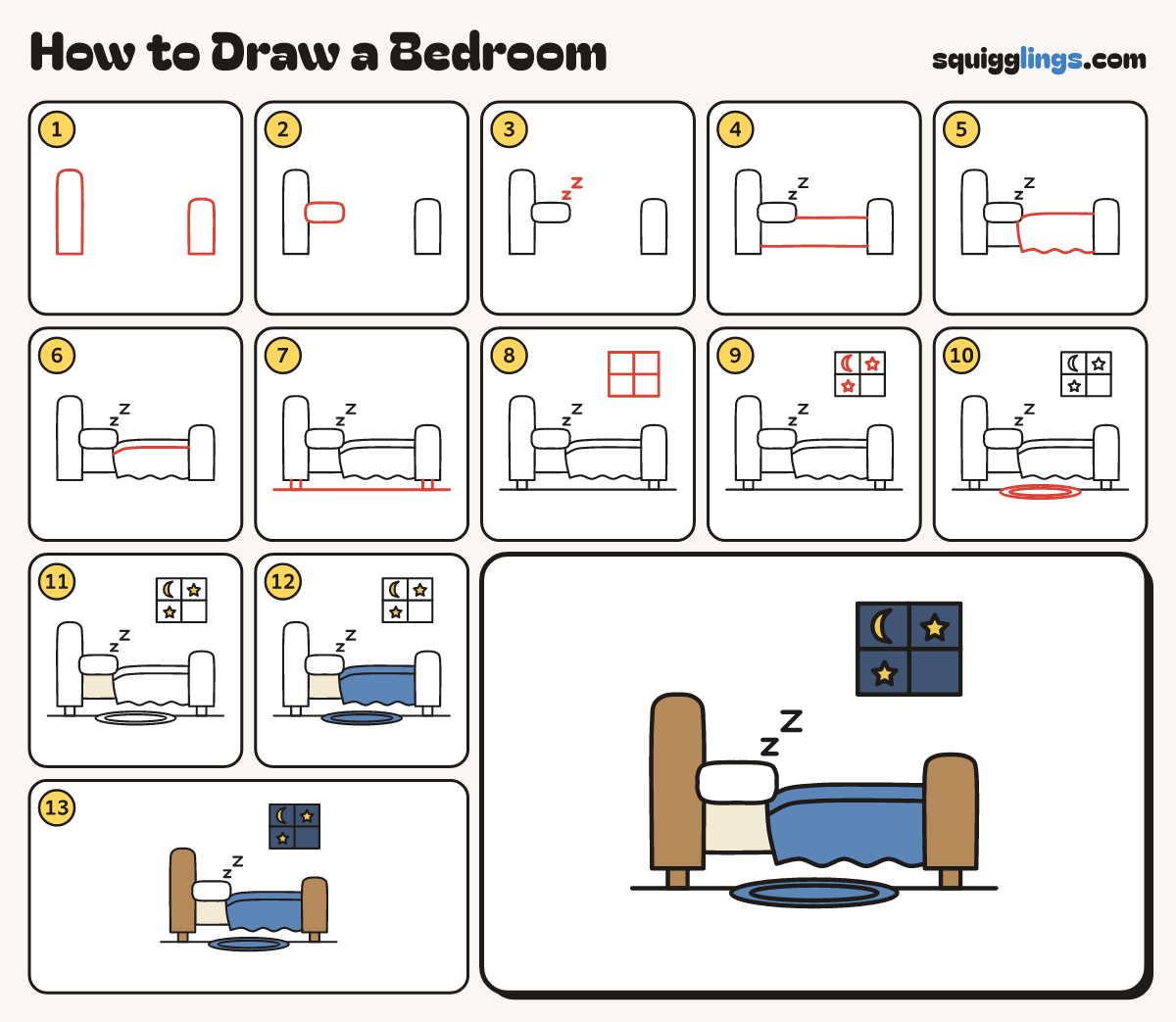 How to Draw a Bedroom step by step: all 13 steps in one picture