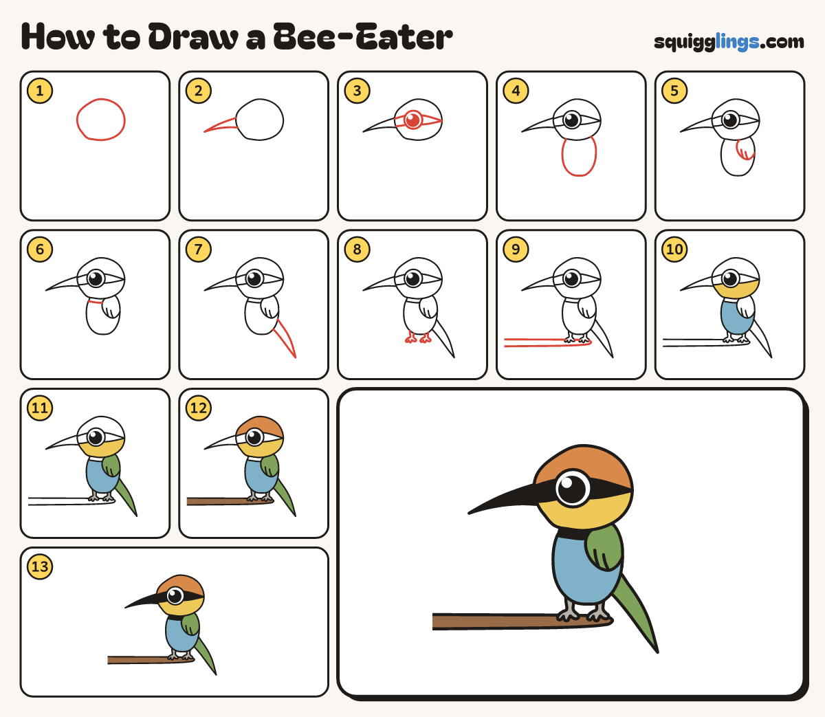 How to Draw a Bee-Eater step by step: all 13 steps in one picture