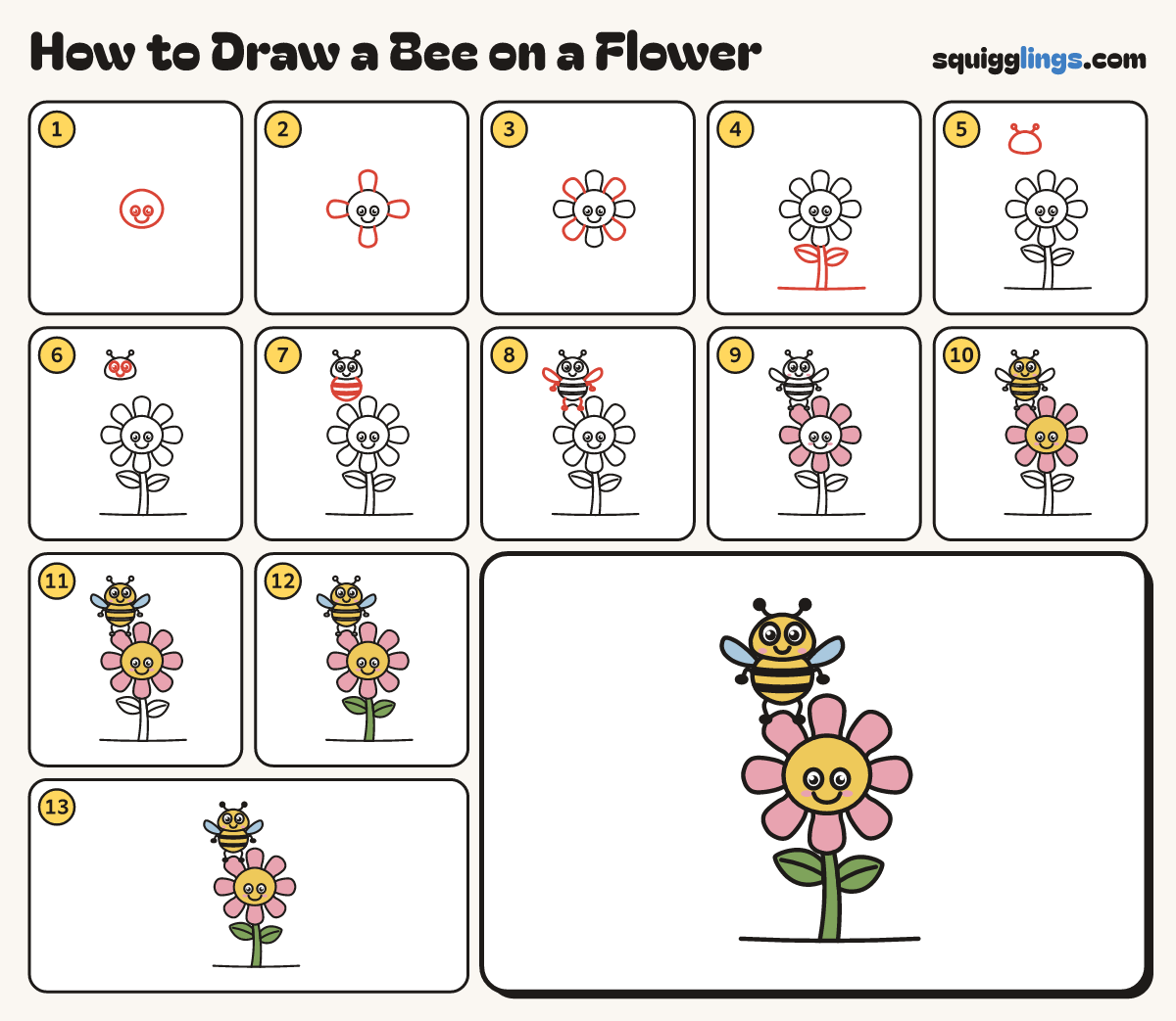 How to Draw a Bee on a Flower step by step: all 13 steps in one picture