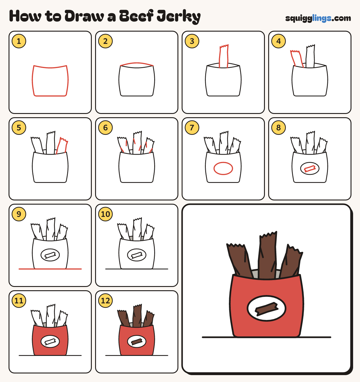 How to Draw a Beef Jerky step by step: all 12 steps in one picture