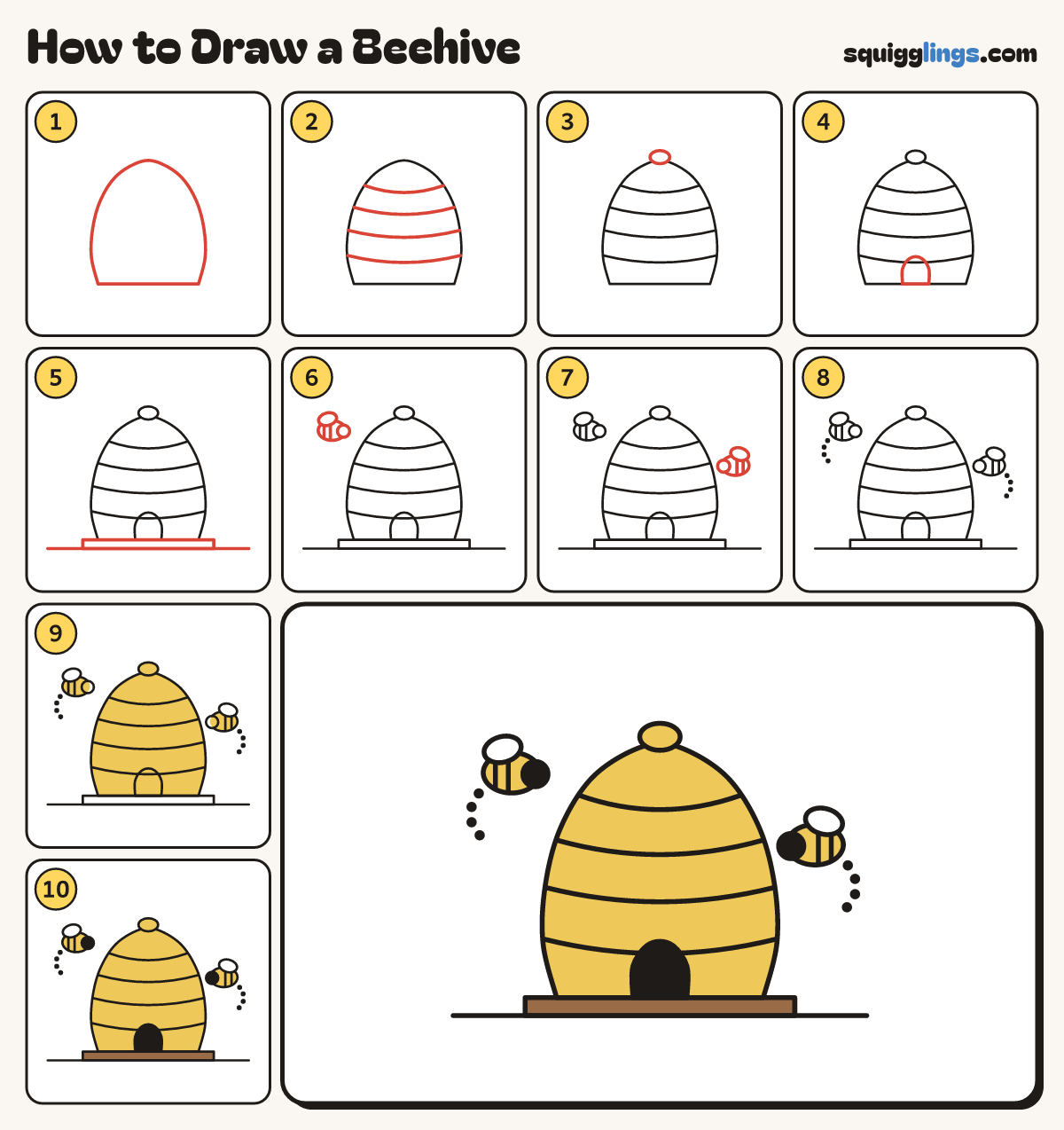 How to Draw a Beehive step by step: all 10 steps in one picture