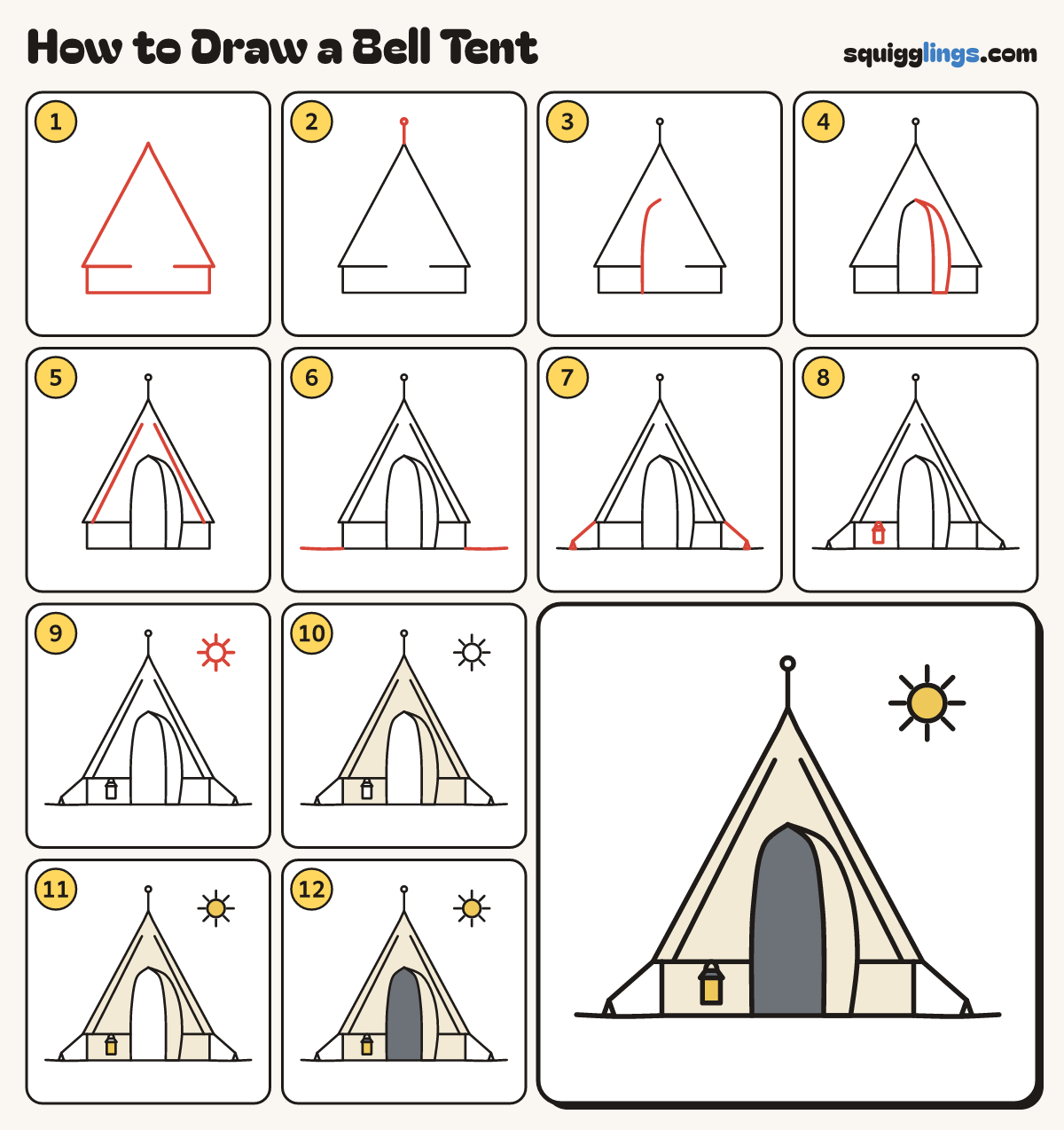 How to Draw a Bell Tent step by step: all 12 steps in one picture