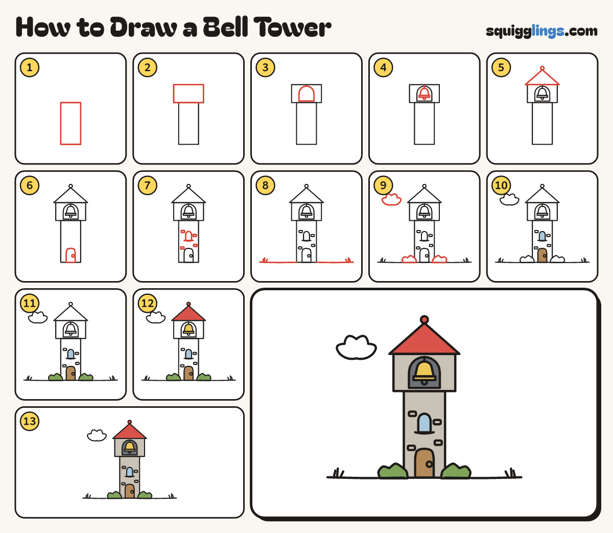 How to Draw a Bell Tower step by step: all 13 steps in one picture