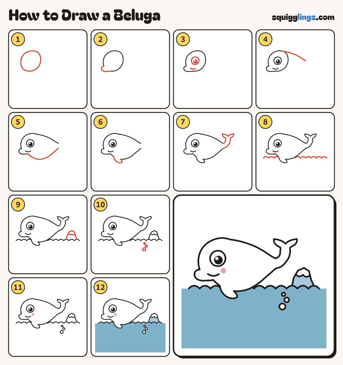 How to Draw a Beluga step by step: all 12 steps in one picture