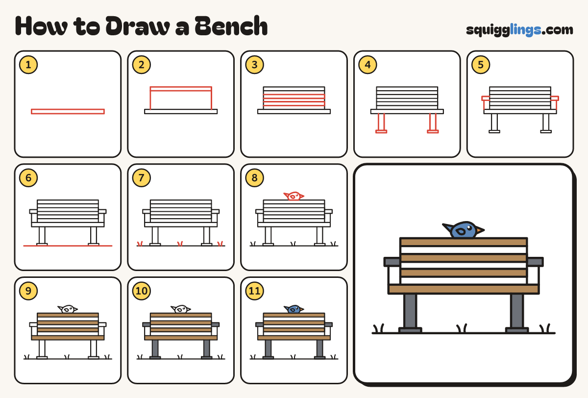 How to Draw a Bench step by step: all 11 steps in one picture