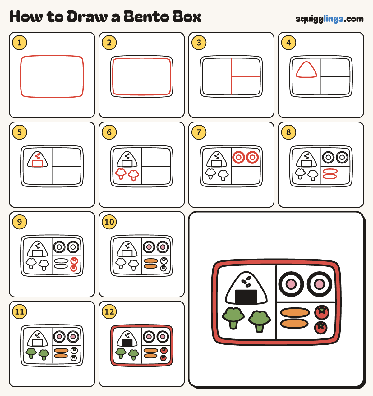 How to Draw a Bento Box step by step: all 12 steps in one picture