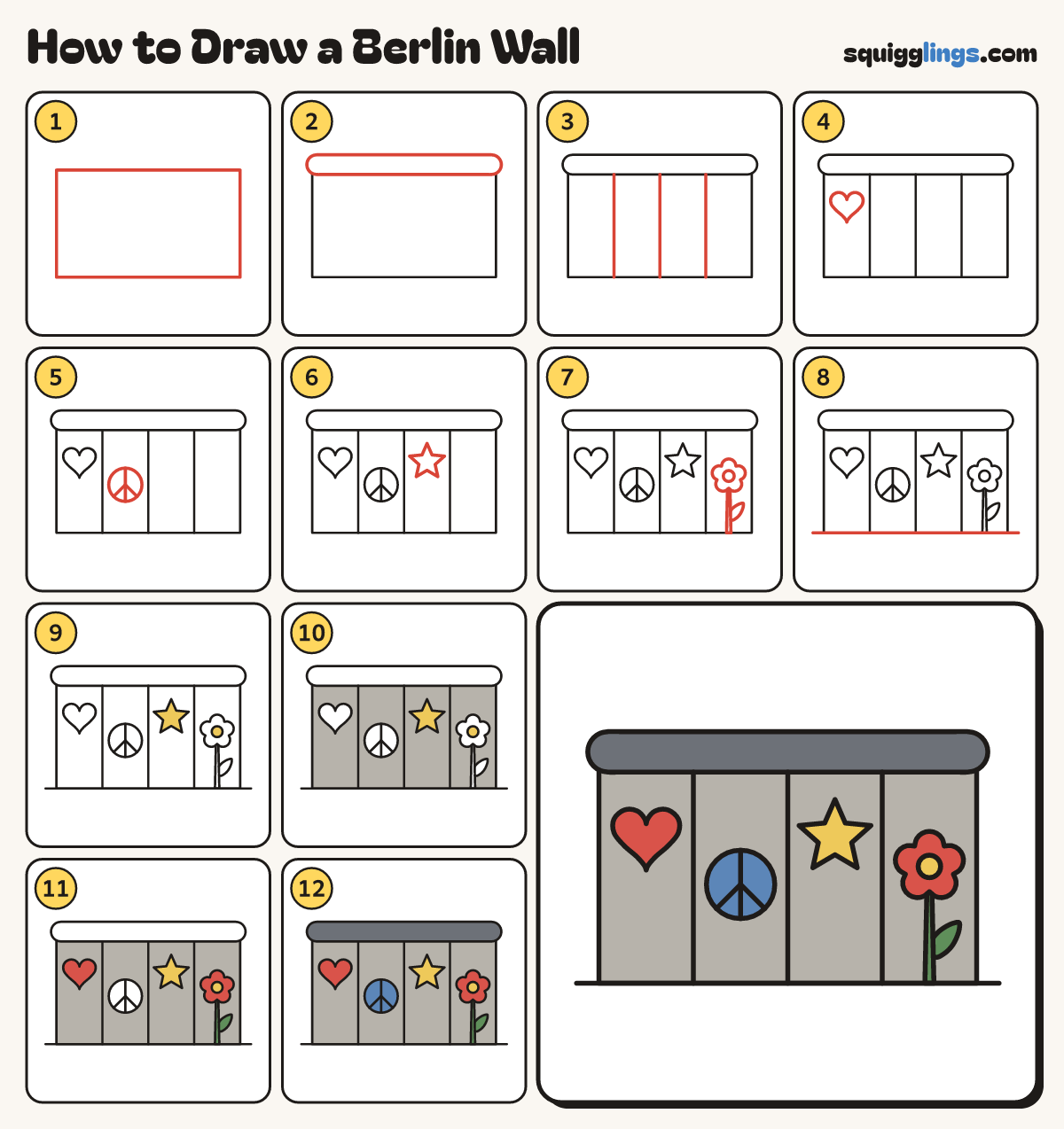 How to Draw a Berlin Wall step by step: all 12 steps in one picture