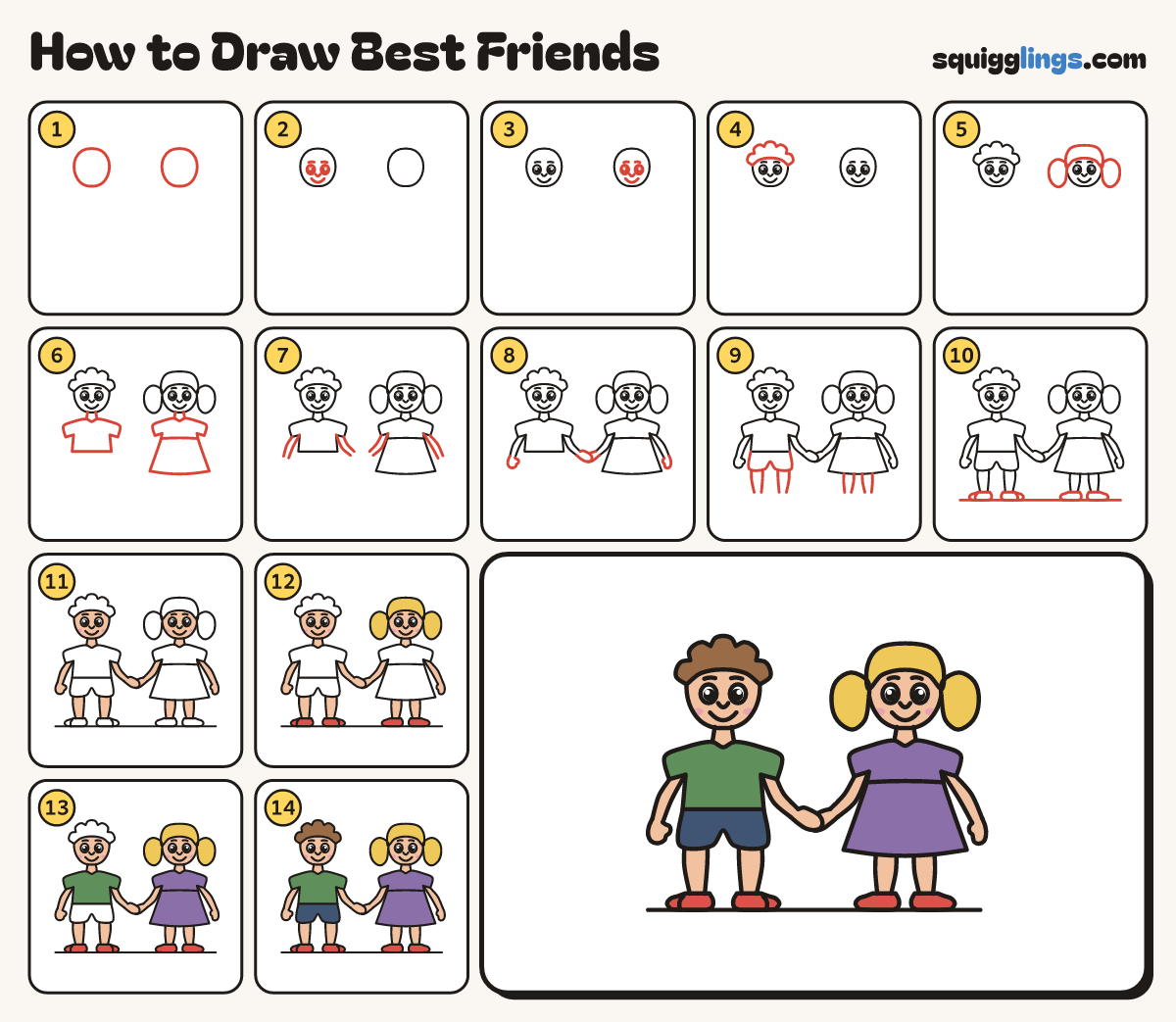 How to Draw Best Friends step by step: all 14 steps in one picture