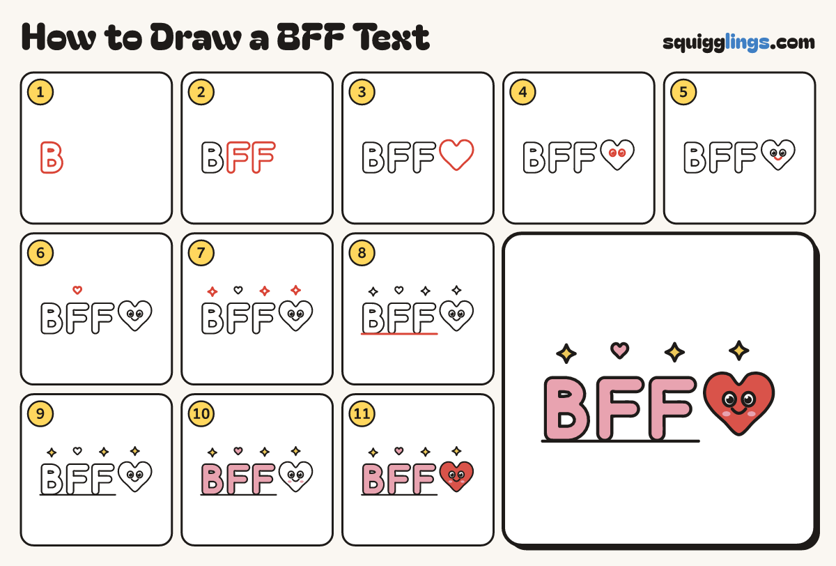 How to Draw a BFF Text step by step: all 11 steps in one picture