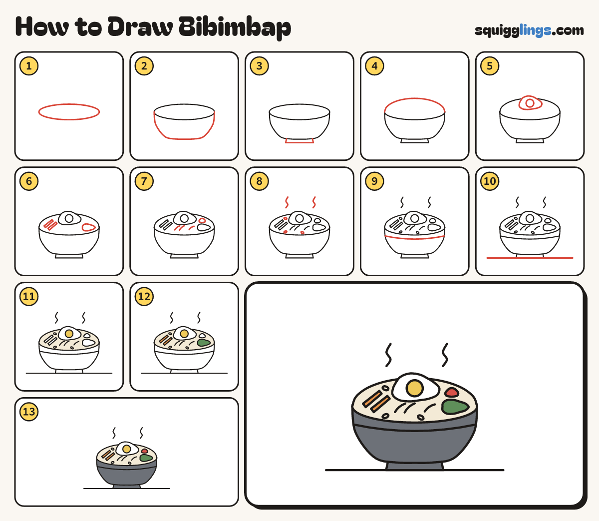 How to Draw Bibimbap step by step: all 13 steps in one picture