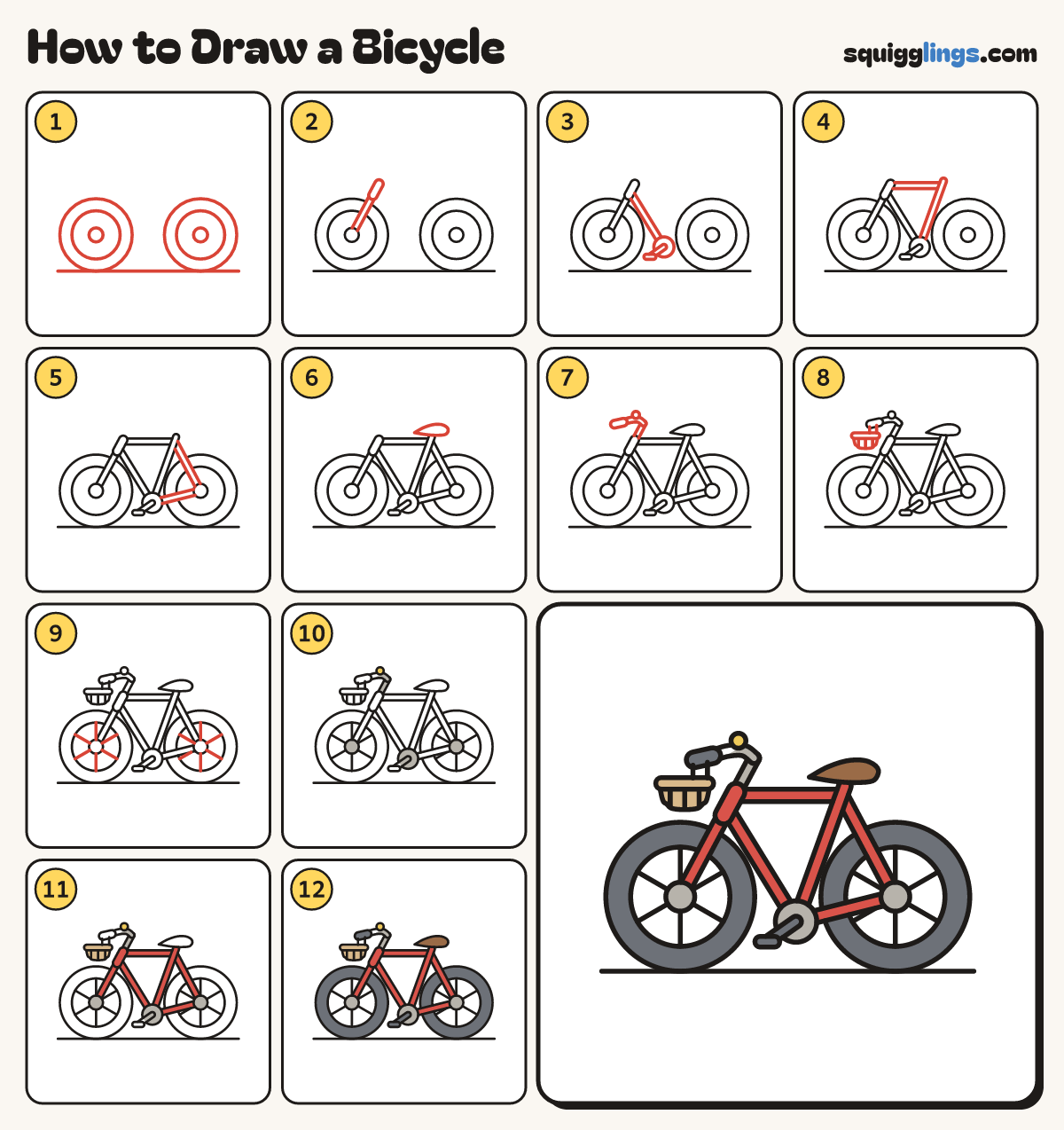 How to Draw a Bicycle step by step: all 12 steps in one picture