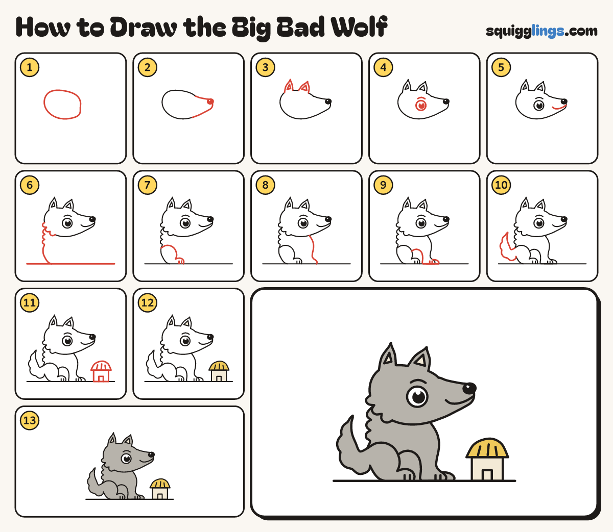 How to Draw the Big Bad Wolf step by step: all 13 steps in one picture