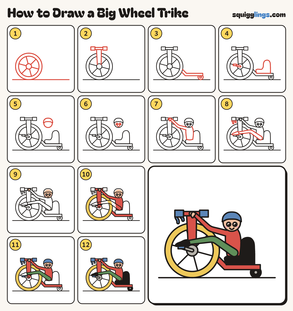 How to Draw a Big Wheel Trike step by step: all 12 steps in one picture