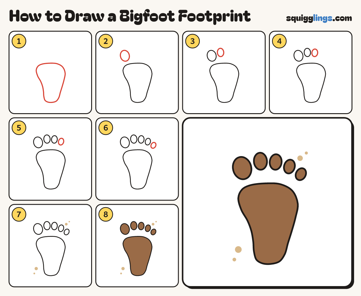 How to Draw a Bigfoot Footprint step by step: all 8 steps in one picture