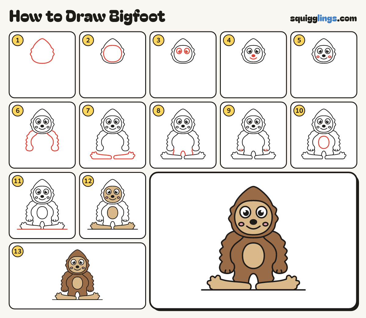 How to Draw Bigfoot step by step: all 13 steps in one picture
