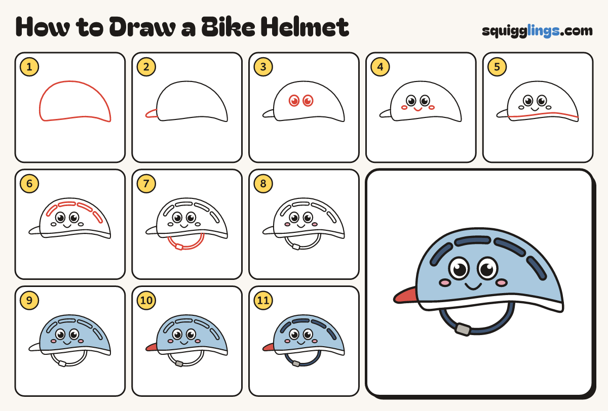 How to Draw a Bike Helmet step by step: all 11 steps in one picture