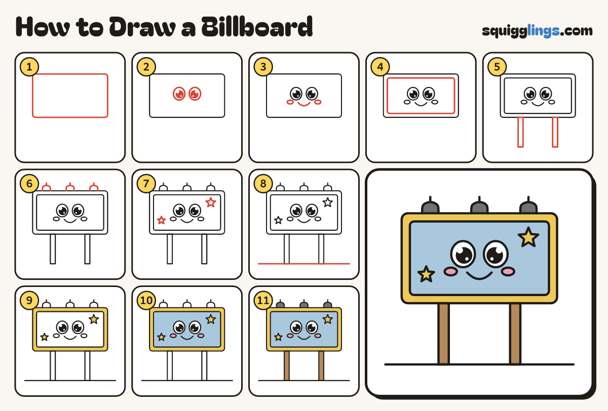 How to Draw a Billboard step by step: all 11 steps in one picture