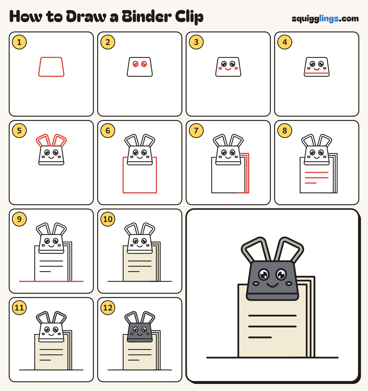 How to Draw a Binder Clip step by step: all 12 steps in one picture