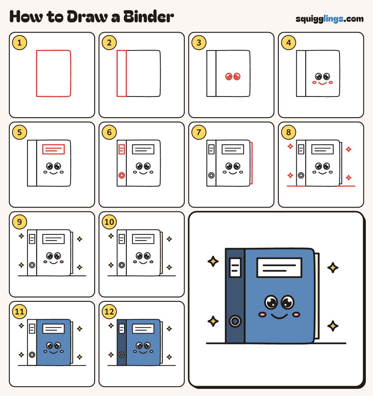 How to Draw a Binder step by step: all 12 steps in one picture