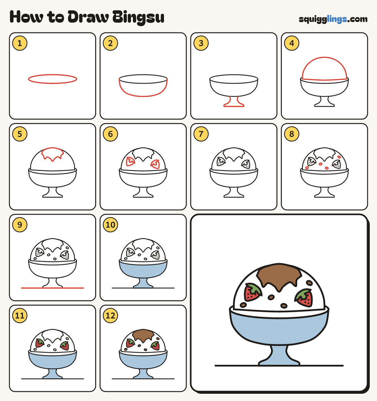 How to Draw Bingsu step by step: all 12 steps in one picture