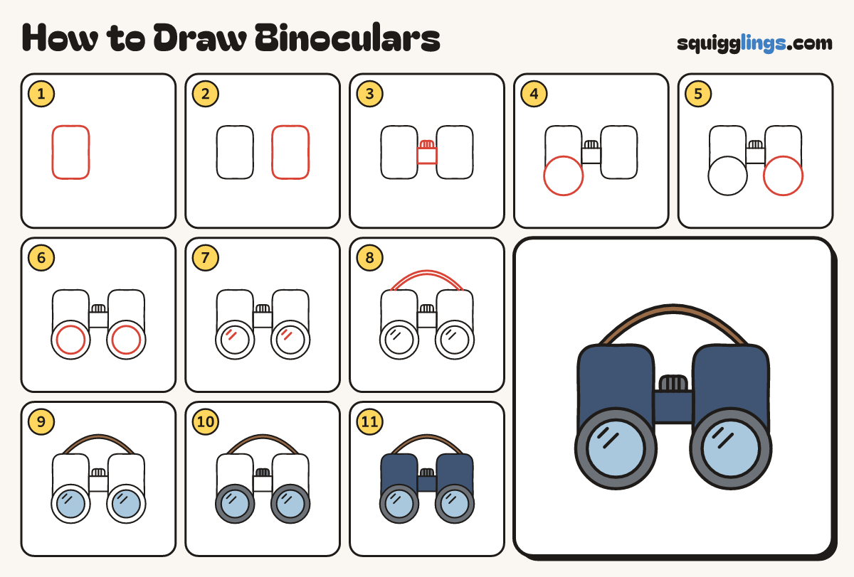How to Draw Binoculars step by step: all 11 steps in one picture