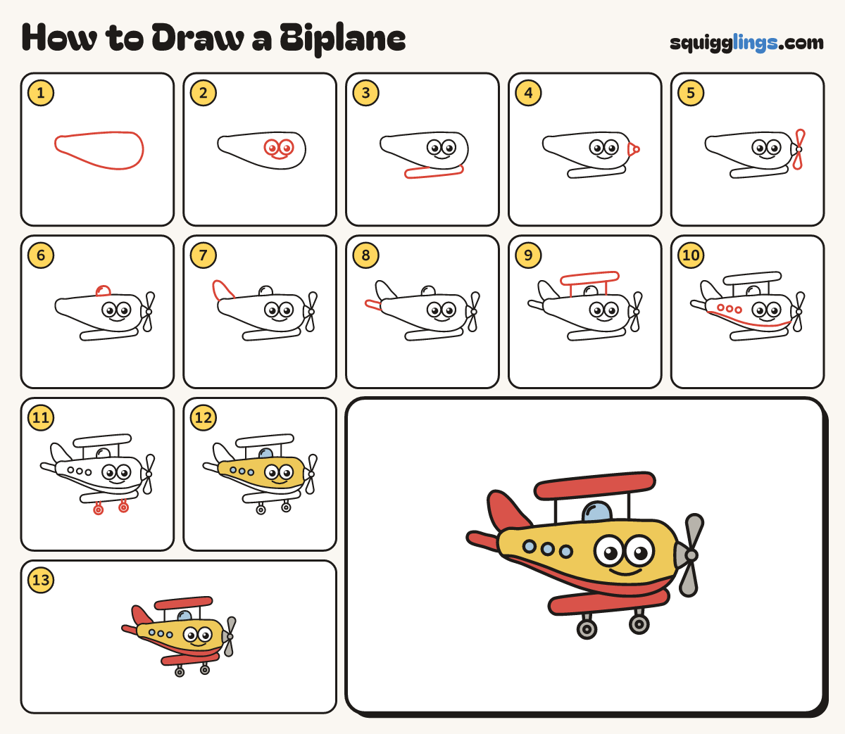 How to Draw a Biplane step by step: all 13 steps in one picture
