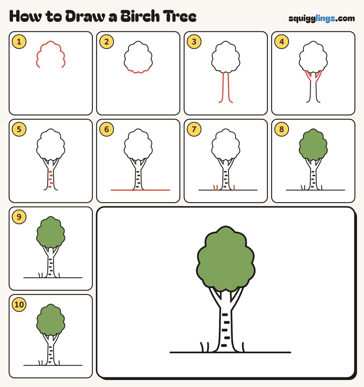 How to Draw a Birch Tree step by step: all 10 steps in one picture