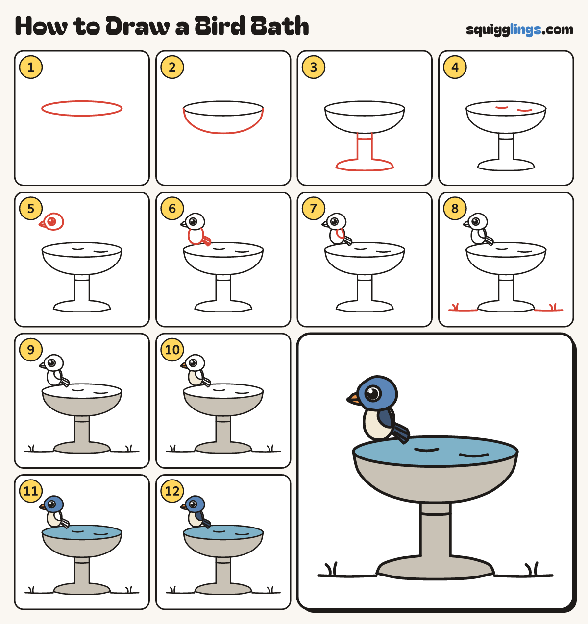 How to Draw a Bird Bath step by step: all 12 steps in one picture