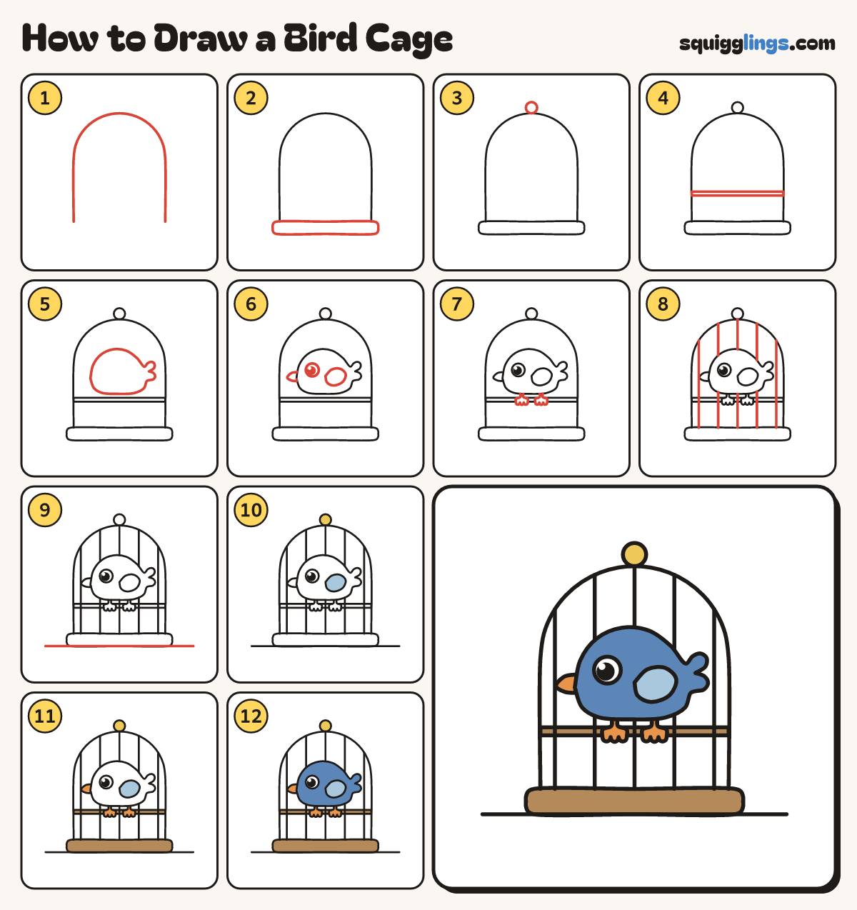 How to Draw a Bird Cage step by step: all 12 steps in one picture