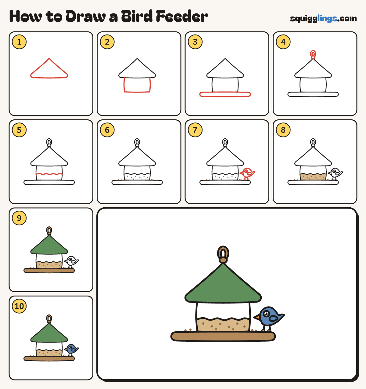 How to Draw a Bird Feeder step by step: all 10 steps in one picture