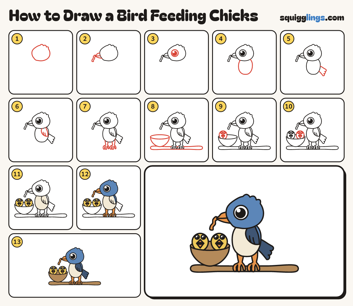 How to Draw a Bird Feeding Chicks step by step: all 13 steps in one picture