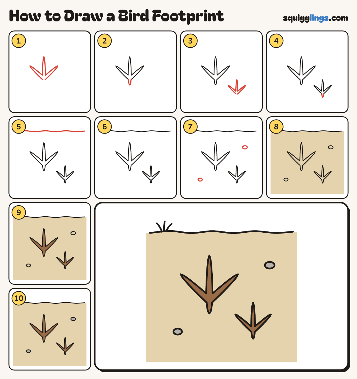 How to Draw a Bird Footprint step by step: all 10 steps in one picture