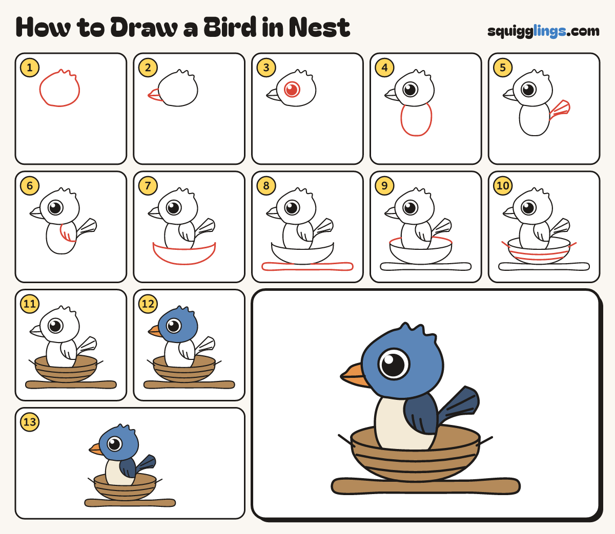 How to Draw a Bird in Nest step by step: all 13 steps in one picture