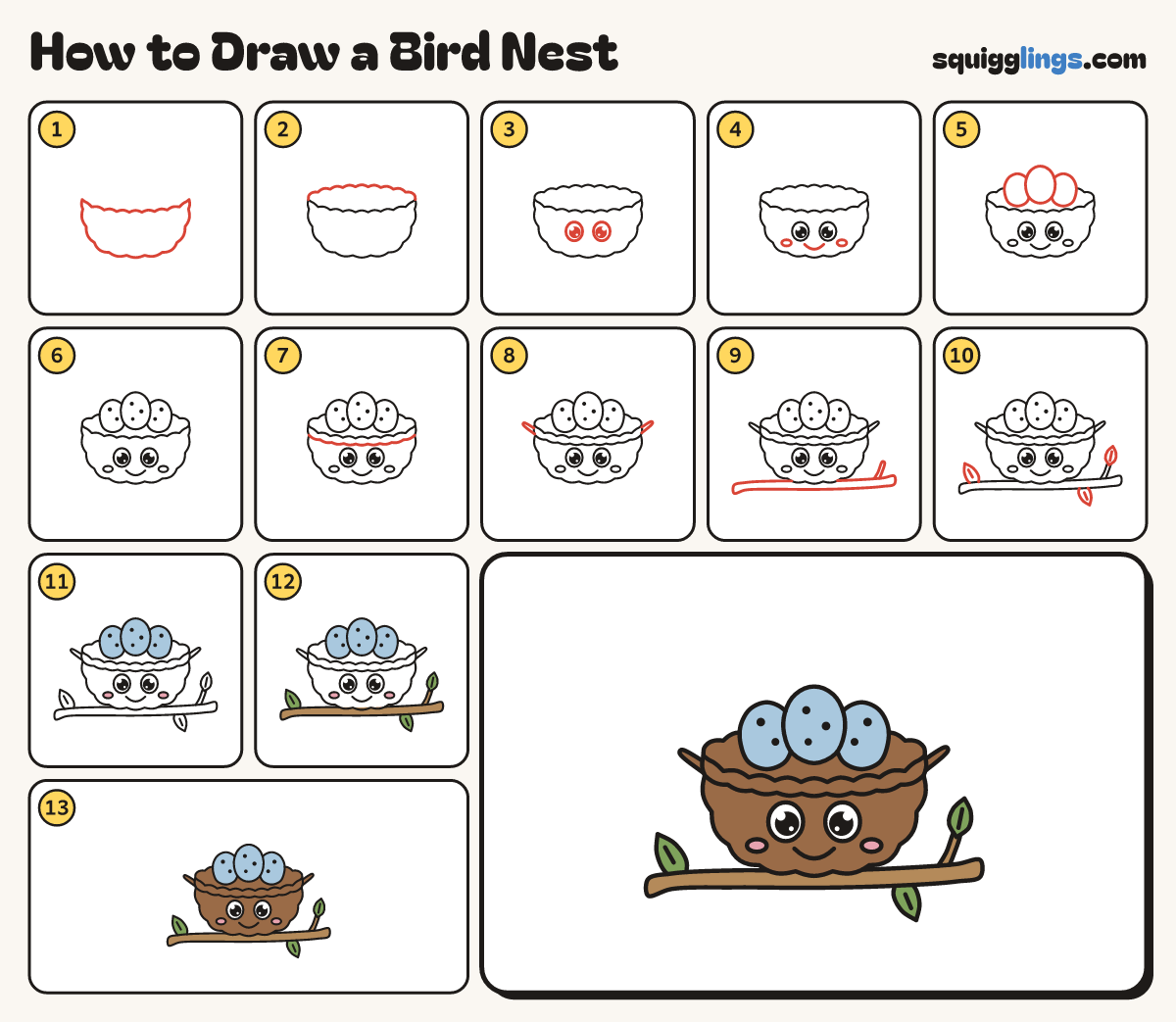 How to Draw a Bird Nest step by step: all 13 steps in one picture