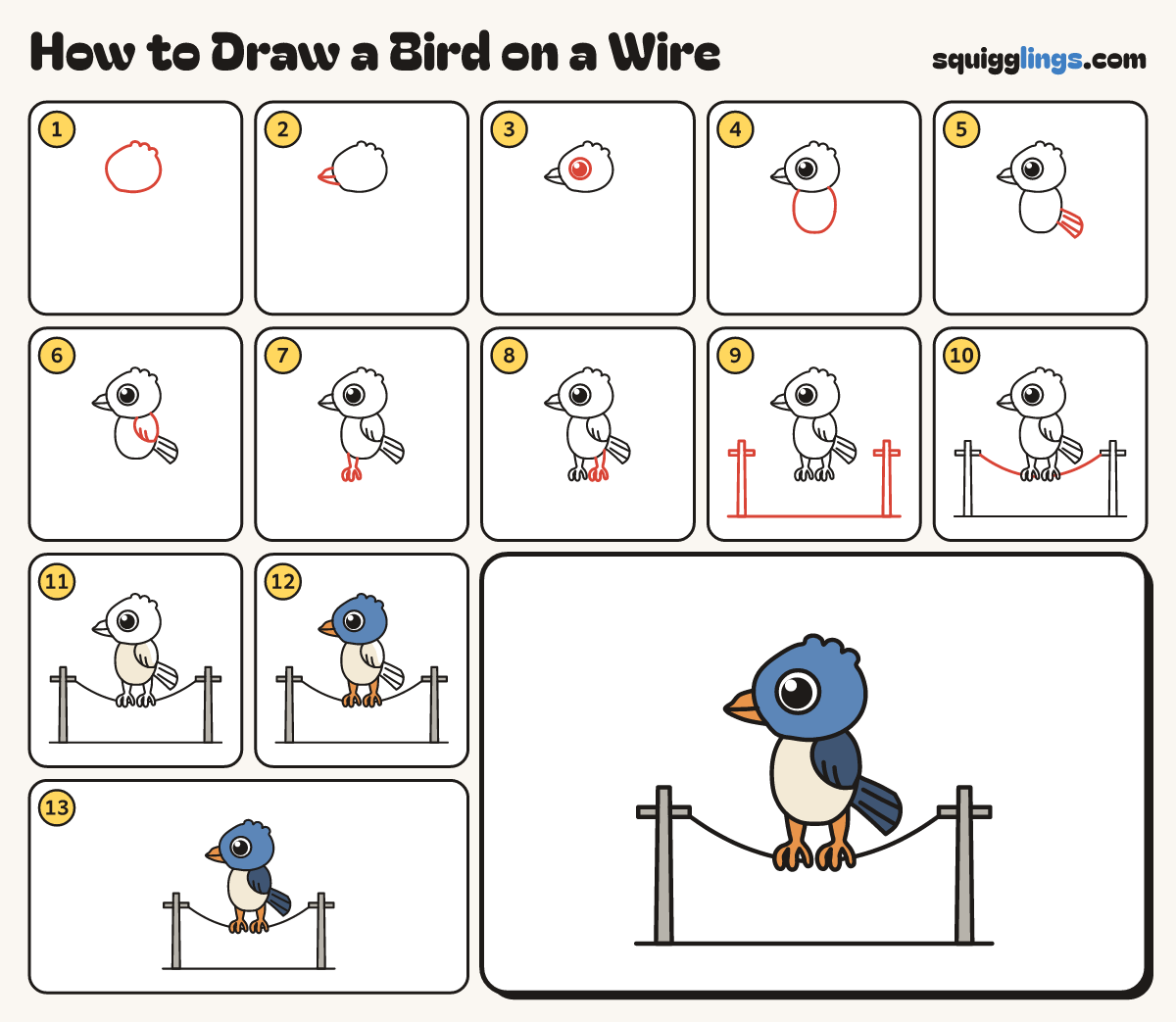 How to Draw a Bird on a Wire step by step: all 13 steps in one picture
