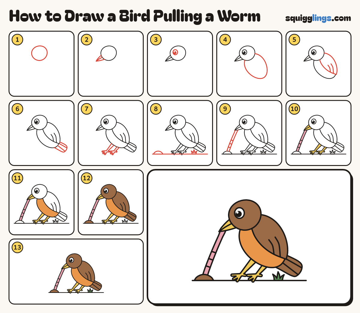 How to Draw a Bird Pulling a Worm step by step: all 13 steps in one picture