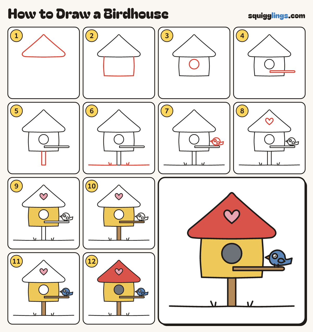 How to Draw a Birdhouse step by step: all 12 steps in one picture