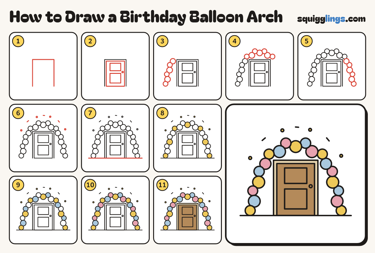 How to Draw a Birthday Balloon Arch step by step: all 11 steps in one picture