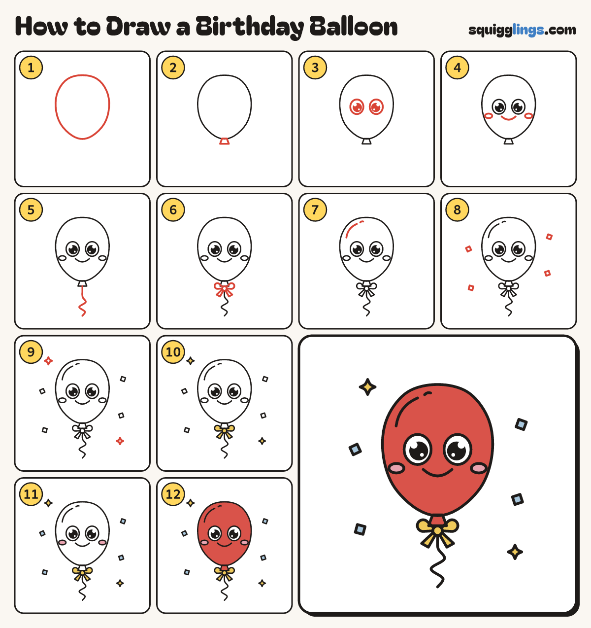 How to Draw a Birthday Balloon step by step: all 12 steps in one picture