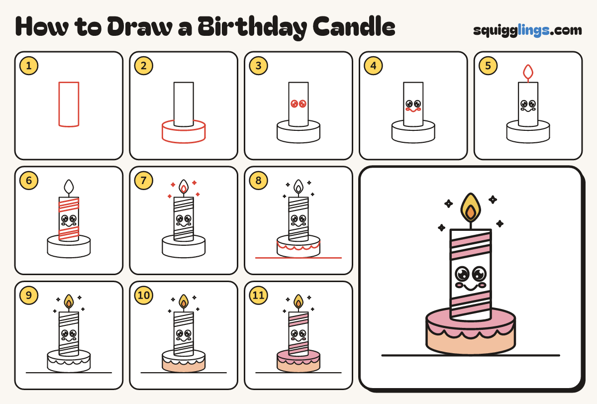 How to Draw a Birthday Candle step by step: all 11 steps in one picture