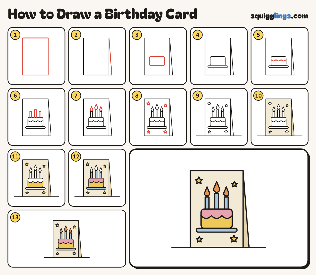 How to Draw a Birthday Card step by step: all 13 steps in one picture