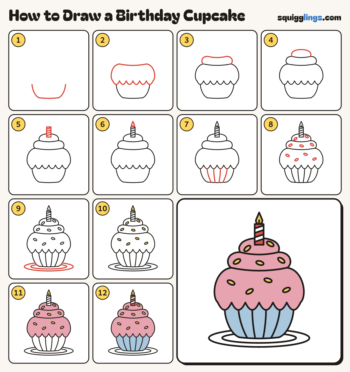 How to Draw a Birthday Cupcake step by step: all 12 steps in one picture