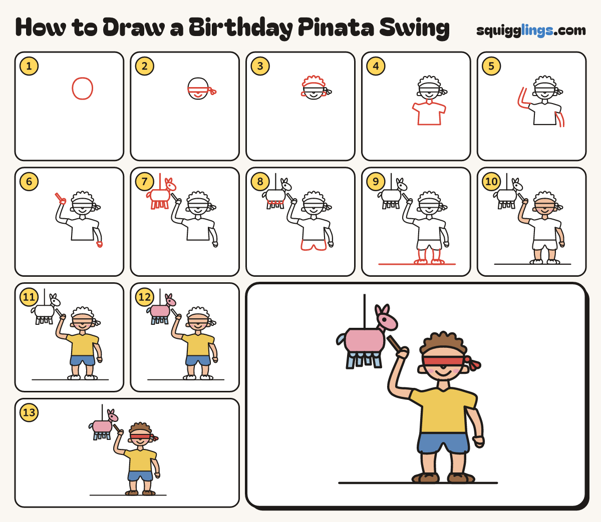 How to Draw a Birthday Pinata Swing step by step: all 13 steps in one picture
